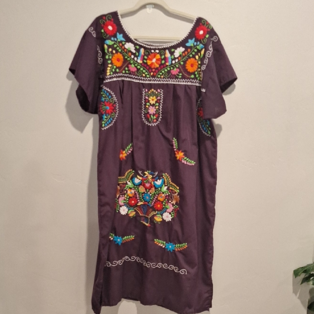 Embroidered Mexican Peacock Puebla Purple Midi Dress